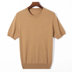 Summer new pure wool knitted short-sleeved men's thin solid color O-neck loose breathable trend sweater