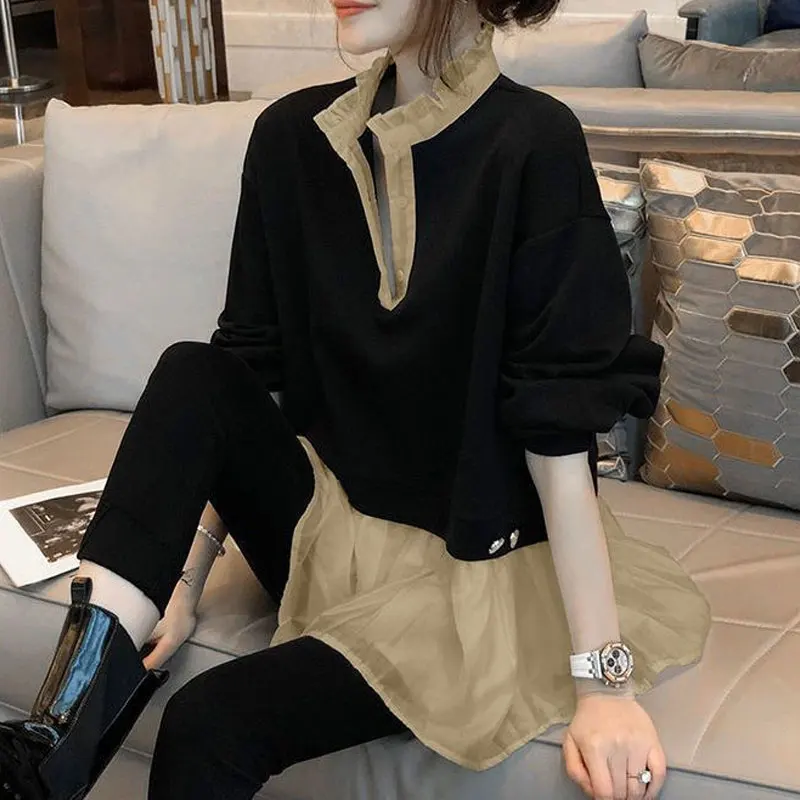 Korean Fashion Lattice Spliced Fake Two Pieces Shirt Women 2023 Autumn New Ruffles Half Open Collar Long Sleeve Pullovers Blouse