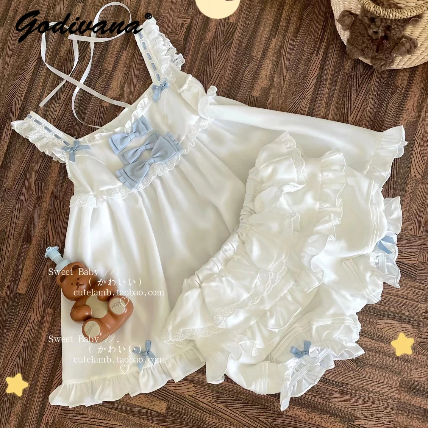 

Original Japanese Soft Girl Strappy Bow Sling Top and Shorts Two Piece Set Cotton Pajamas Women's Lolita Summer Sleepwear