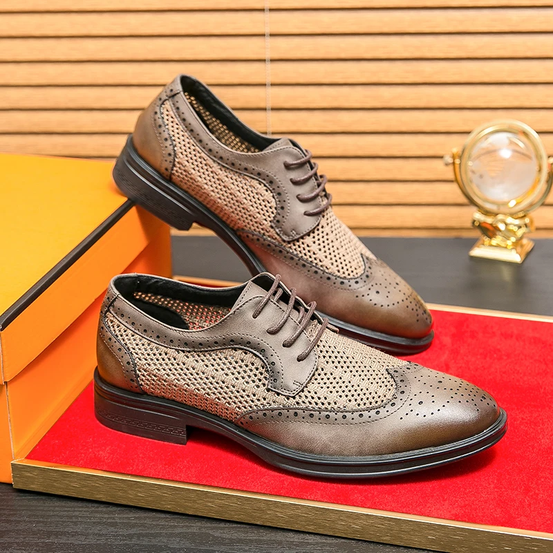 Mens Summer Hollow Business Leather Shoes Men Formal Wingtip Permeable Oxfords Lace-up Brock Shoes Banquet Wedding Shoes for Men