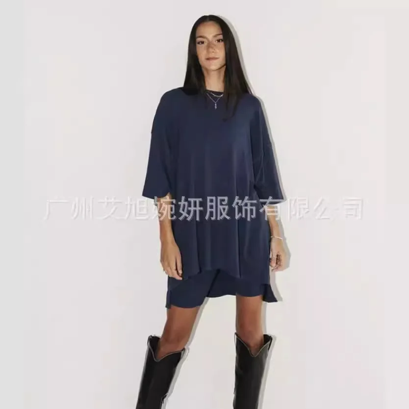 Nueva camisa de cuello redondo a la moda + Pantalones cortos conjuntos de dos piezas para mujer verano Casual suelto Tops y pantalones cortos de Color sólido conjunto para mujer