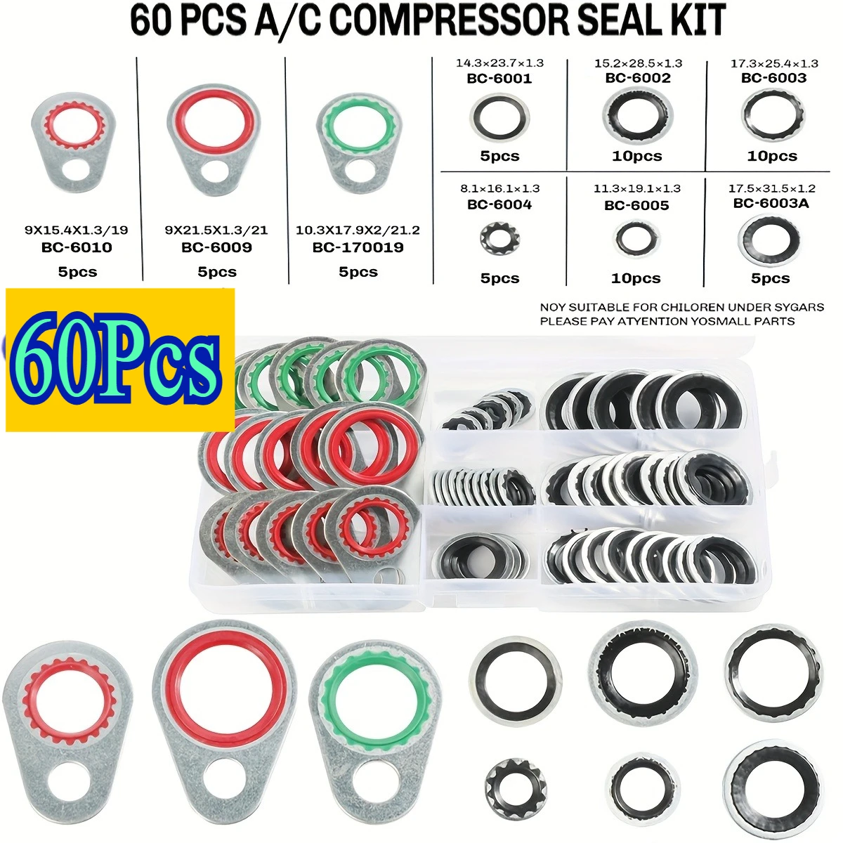 

60pcs AC Gasket Air Conditioning System Seal Kit, 9 Sizes A/C System Compressor Gasket Seals Air Conditioning Compressor