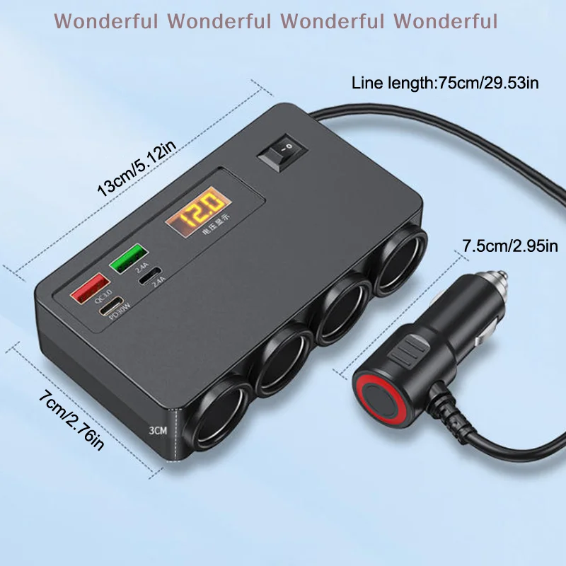 

Multi-Functional Vehicle Charger, USB, TYPE-C Fast Charging, Four Conversion Interfaces, Digital Voltage Display, 120W