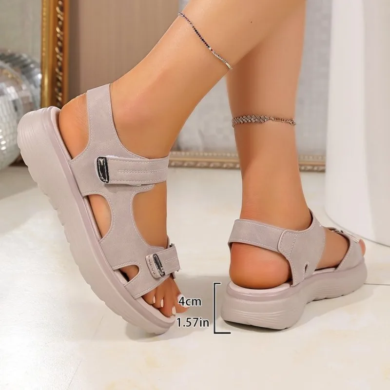 Damen-Plateau-Sandalen, verstellbarer Klettverschluss, rutschfeste Sohle, PU-Leder, bequeme Wanderschuhe für den täglichen Gebrauch im Freien – Detail 5
