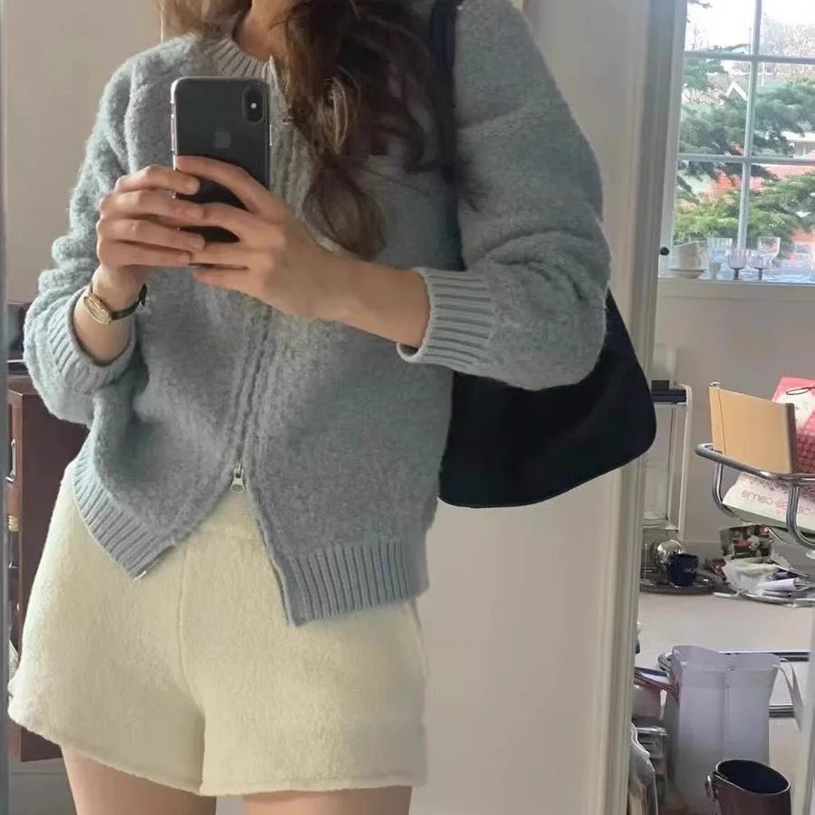 

Однотонный вязаный свитер с двойной молнией, круглый Ne Dongda Gate OUNCE Elegance Long Sve ort Length Commute Sle Winter ...