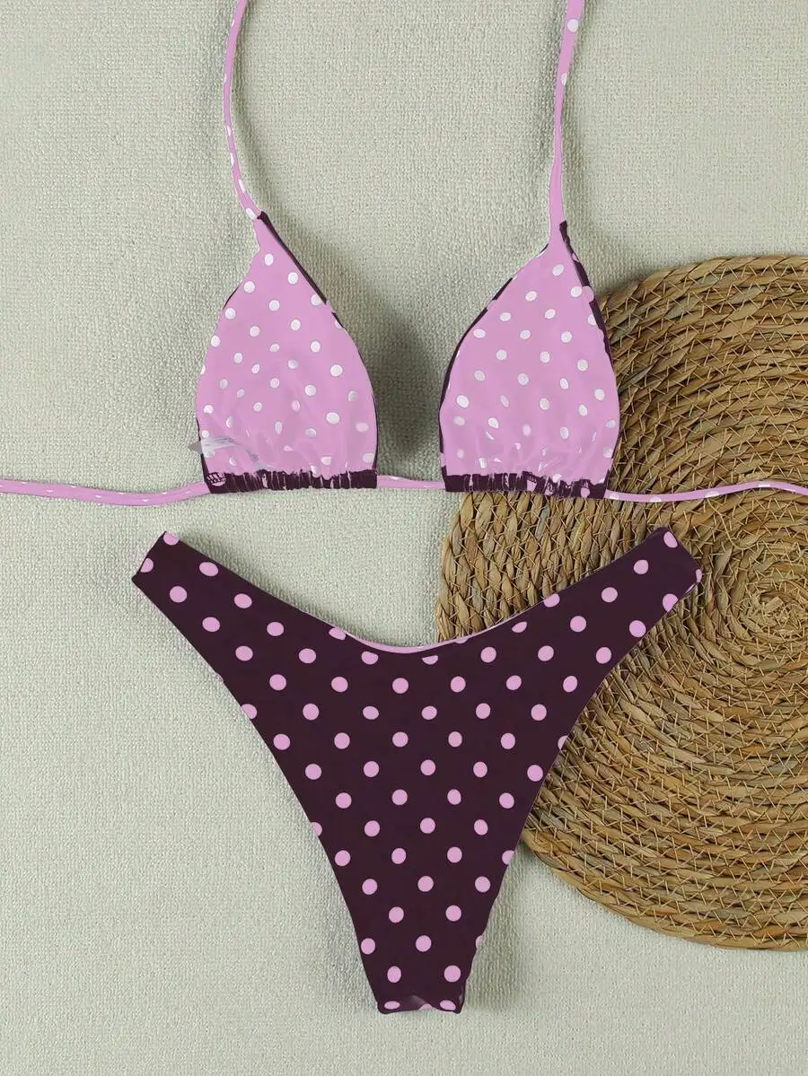 

Purple Polka Dot Halter Bikini Set Women Beach Vacation Swimsuit