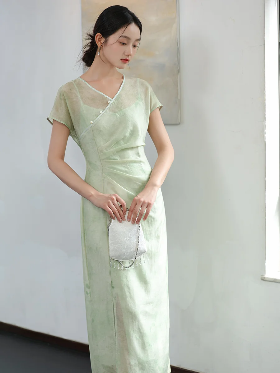 

New Chinese Sle Silk And Hemp Women's Dr Slimming Waist Pleated Summer New Sle Low Slit Ele Lady Long