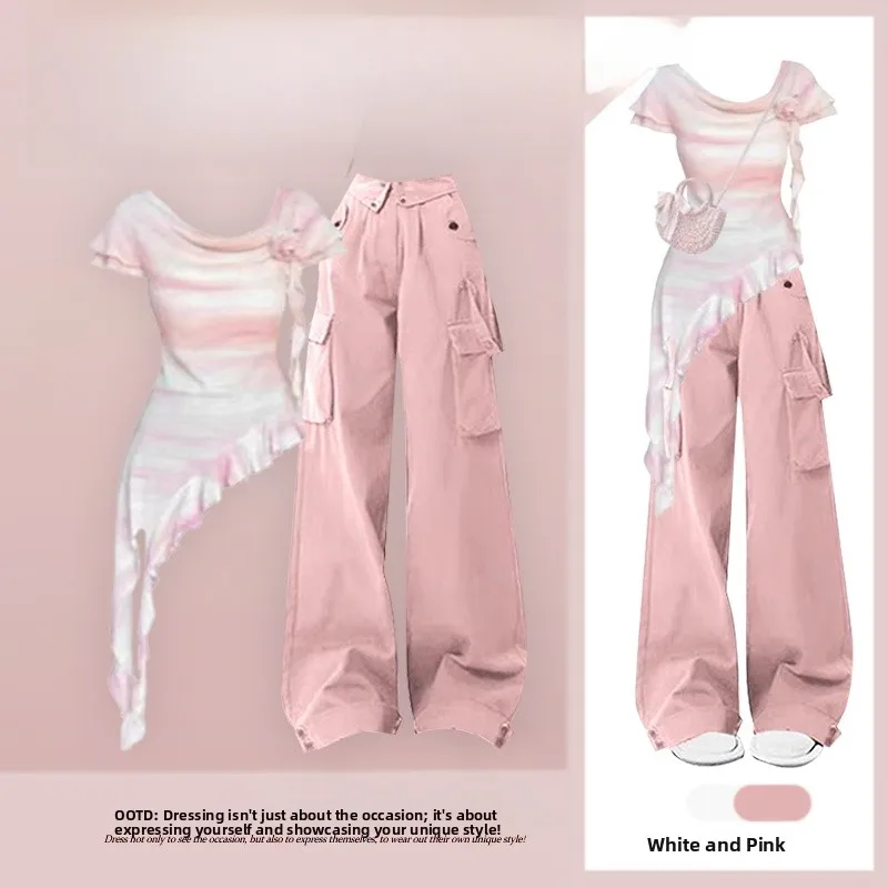 Korean Sle Summer Outfit Women's Dopane Irregular ort Sve T-irt Pink Workwear Pants Two-Piece Set Faionable Casual