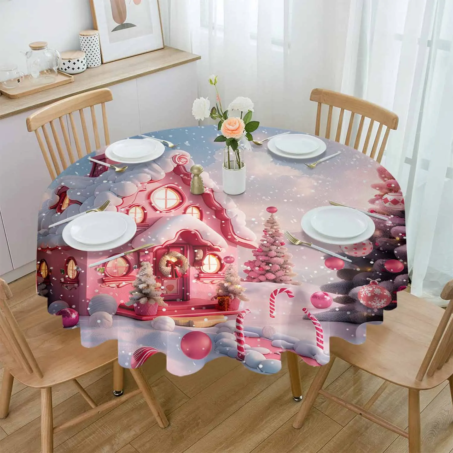 Christmas Candy House Snow View Countryside Waterproof Tablecloth Table Decoration Wedding Home Kitchen Dining Room Round Table