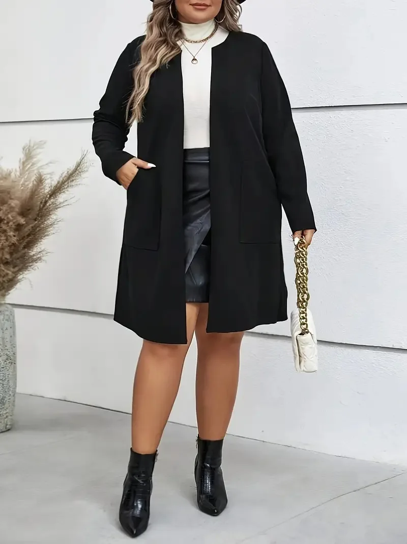 GIBSIE Plus Size Autumn New Damski długi płaszcz z okrągłym dekoltem Czarny długi rękaw Otwarty przód Biuro Kobiece kurtki casualowe z kieszeniami