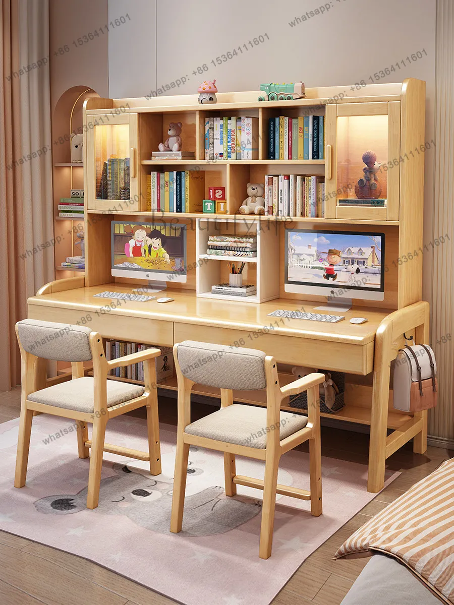Solid wood double desk bookcase integrated simple learning home table and chairs
