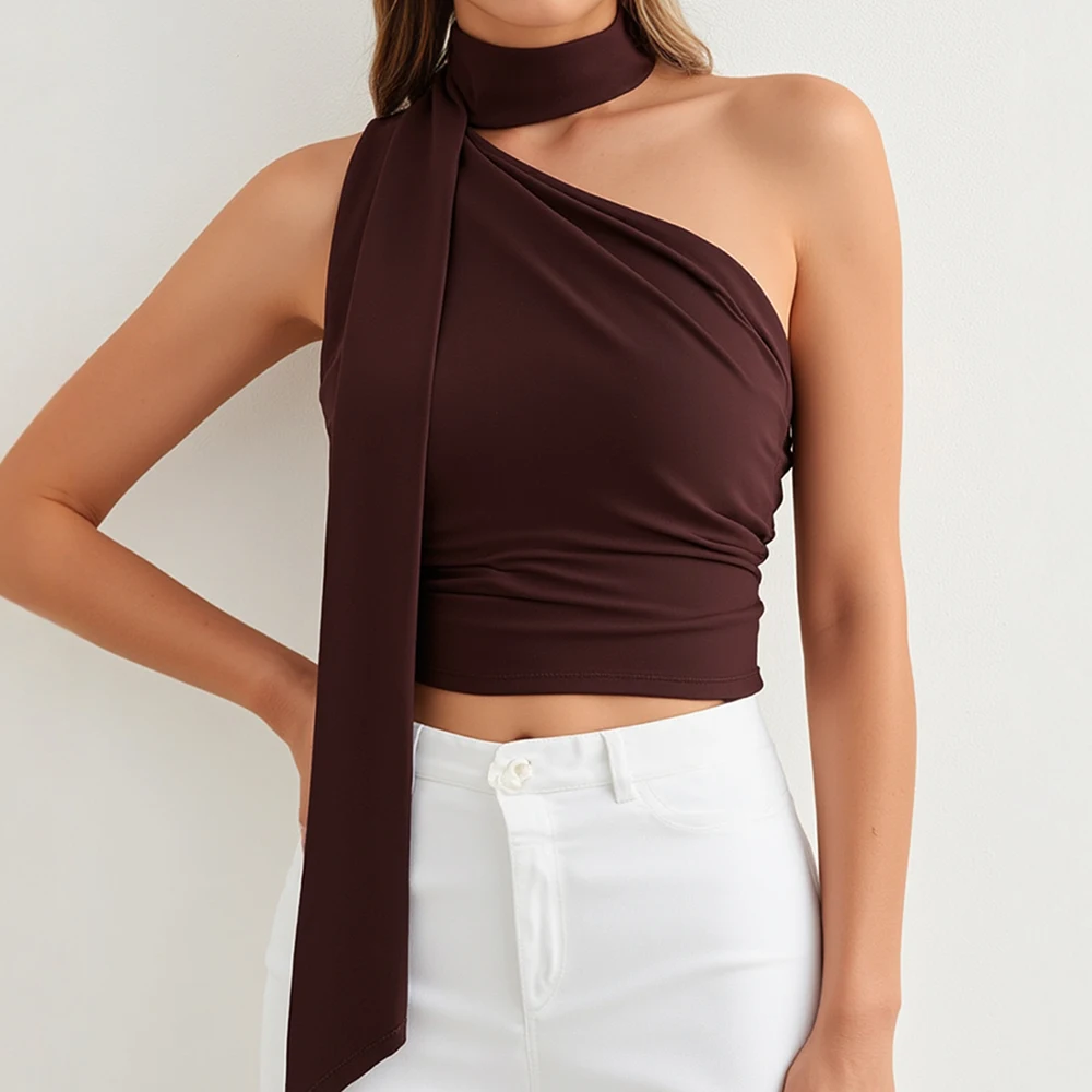 

Майки, летние модные элегантные однотонные асимметричные майки без рукавов с лямкой на шее, повседневные базовые майки для женщин