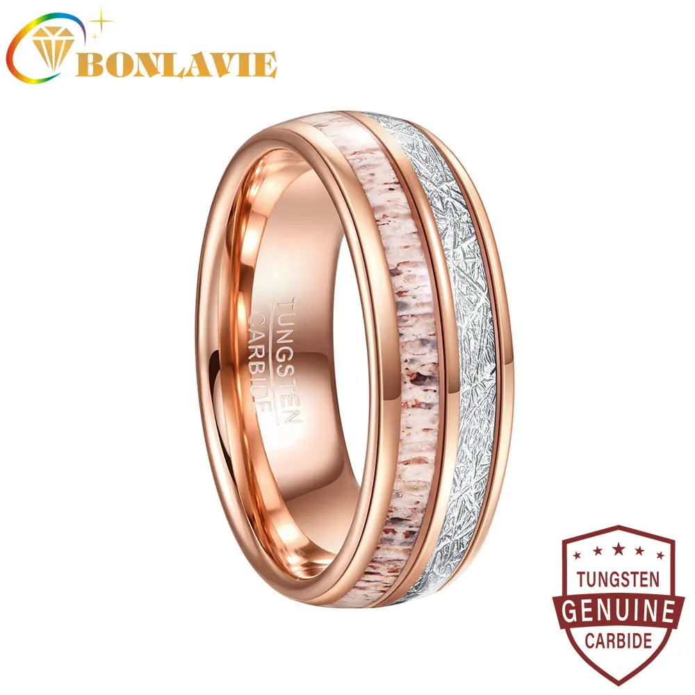 BONLAVIE 8mm Rose Gold Inlaid Antler Imitation Meteorite Tungsten Steel Ring For Men Wedding Jewelry Gift Ring Size 7-12