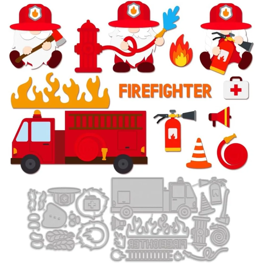 

Firefighter Gnome Cutting Dies Fireman Gnome Die Cuts for Card Making Carbon Steel Embossing Template Fire Truck Fire Protection