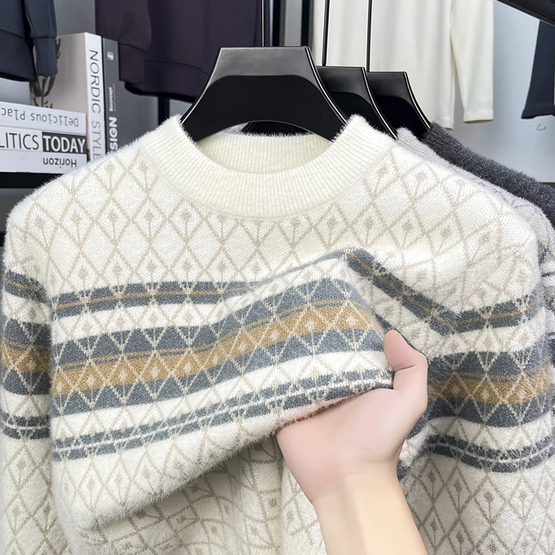 High Quality Man Long Sleeved Knitted Sweater Crew Neck Stripes Color Blocking Geometric Pattern Autumn Winter Leisure Pullover
