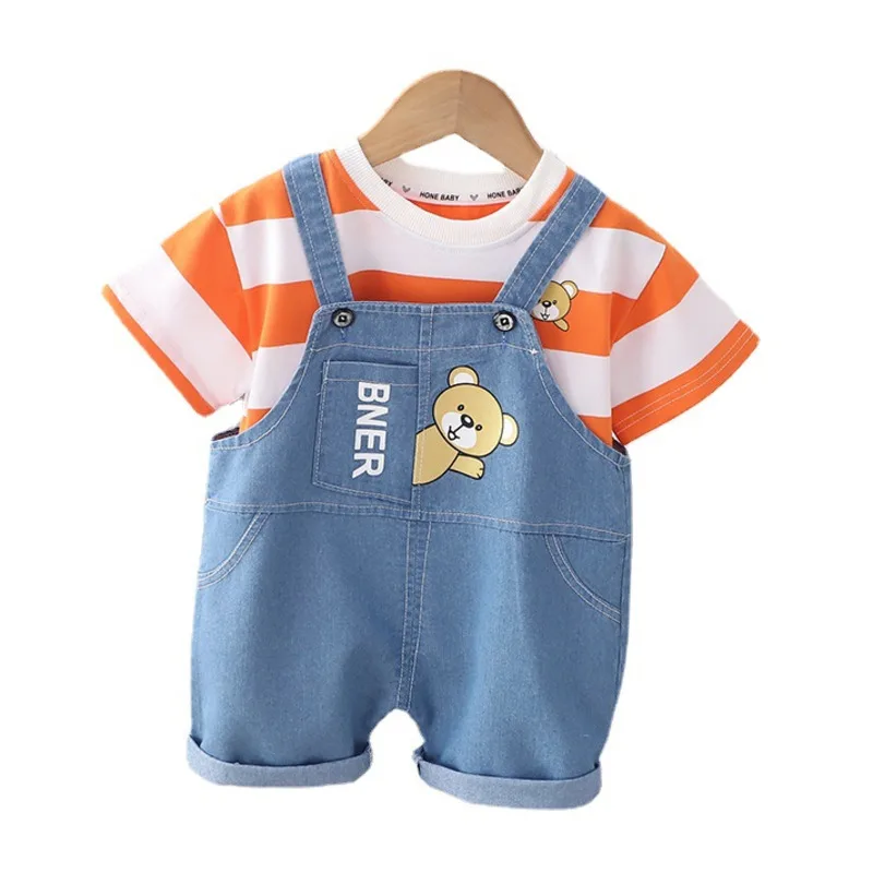 

New Summer Baby Girls Clothes Suit Children Boys Striped T-Shirt Overalls 2Pcs/Set Toddler Casual Sports Costume Kids Tracksuits