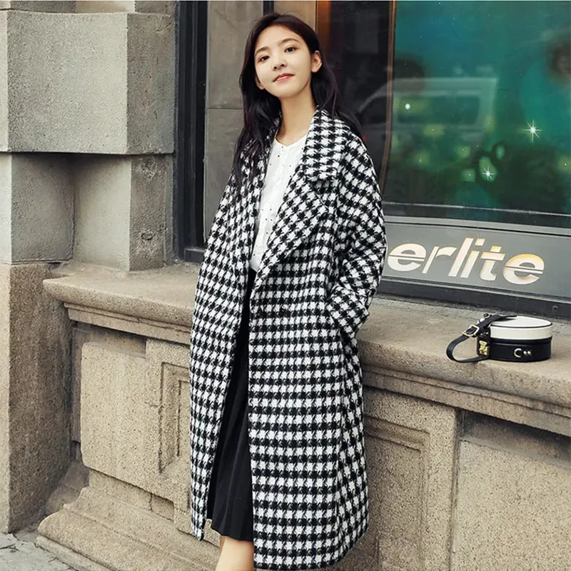 

Houndstooth Woolen Windbreakers Jacket Women's Overcoat Autumn Winter New Korean Medium Long Loose Woolan Coat Outwear