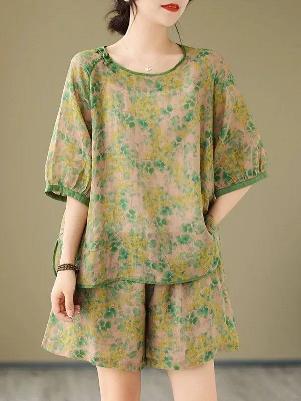 Ele Set irt orts con stampa in cotone e lino Completo estivo Faion da donna Completo in due pezzi con bottoni e dettagli