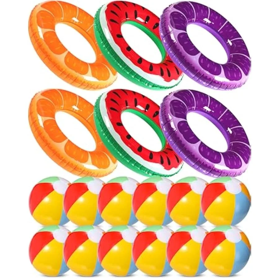 18 Pcs Summer Fruit Pool Floats 6 Watermelon Orange Grape Pool Swim Tubes Rings 12 Beach Balls Swimming Inflatable Floaties Toy