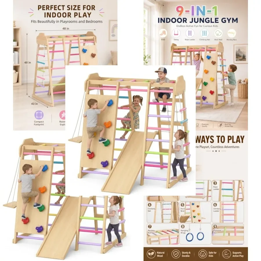 Indoor playground for toddlers: Montessori wooden jungle gym in natural wood color with slide, swing, monkey bars, rock wall, r