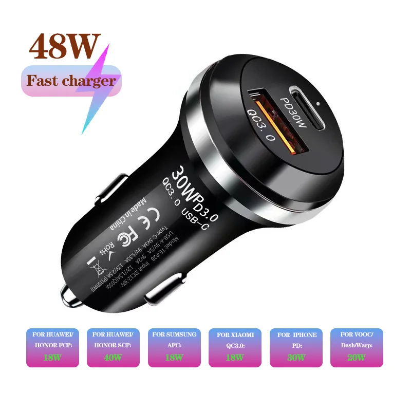 

48W 2Port Car Super charger QC3.0/PD30W/PPS/AFC/DCP/FCP/SCP/FOR VOOC/Dash/Warp for HUAWEI IPhone Samsung XIAOMI OPPO
