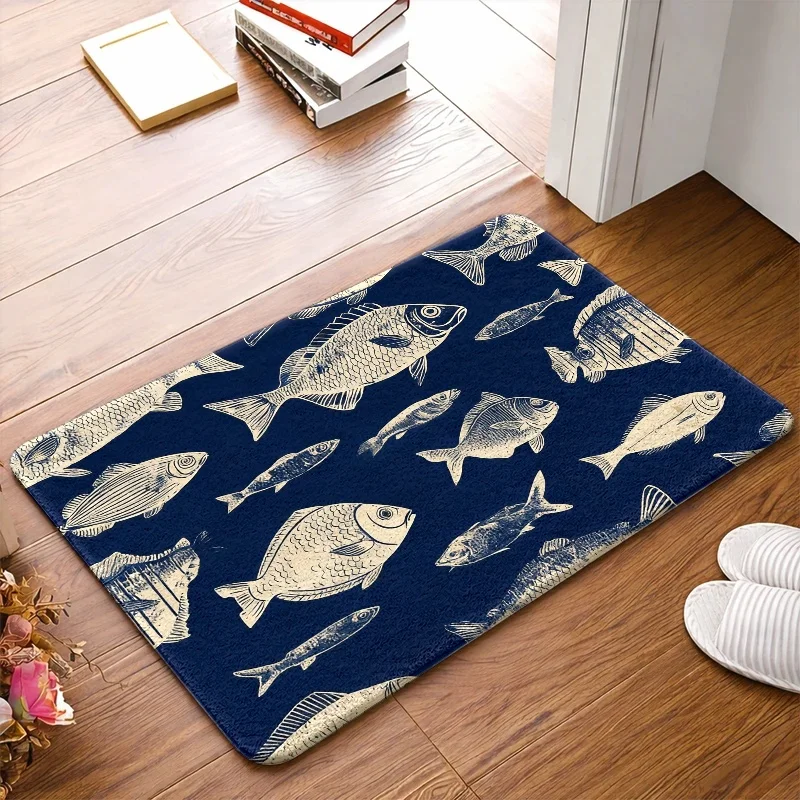 Nautical Fish Print Doormat Polyester Indoor Outdoor Welcome Rug Mat Coastal Seafood Fishing Decor Entrance Hallway Mat for Home