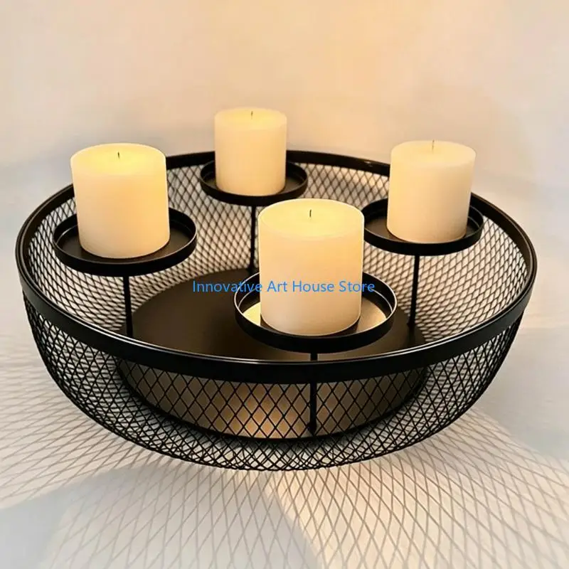 E1PC European Four-Candle Stand with Staggered Round Trays, Iron Openwork Surround, and a Wide Base for a Single Coordinated
