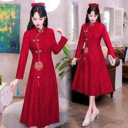 Retro Chinese Traditional Red Wedding Qipao Dress Modern Improved Long Sleeve Embroidered Cheongsam Plus Size Women Clothing CNY