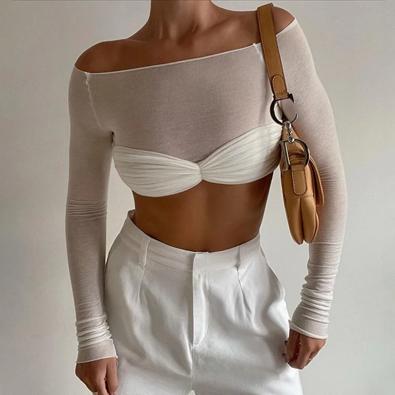 

Элегантный укороченный топ с драпировкой спереди для женщин, модный, с длинными рукавами, открытыми плечами, сексуальный, с открытой спиной, из прозрачного трикотажа, мини-топ, облегающий