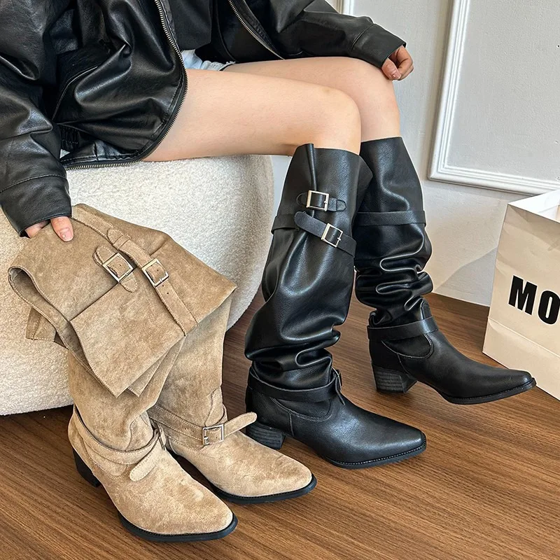 Women Boot Vintage Chunky Heel Western Cowboy Boots for Women Faux Suede Ankle Boots Woman Pointy Chunky Heels Short Botas Mujer