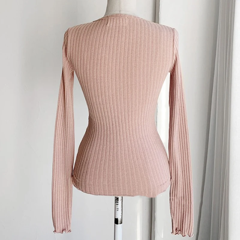 Thin T Shirt Women Long Sleeve Top Knitted Cardigan Spring Autumn Button T-shirts Womens Clothing Slim Tee Shirt Femme Camisetas