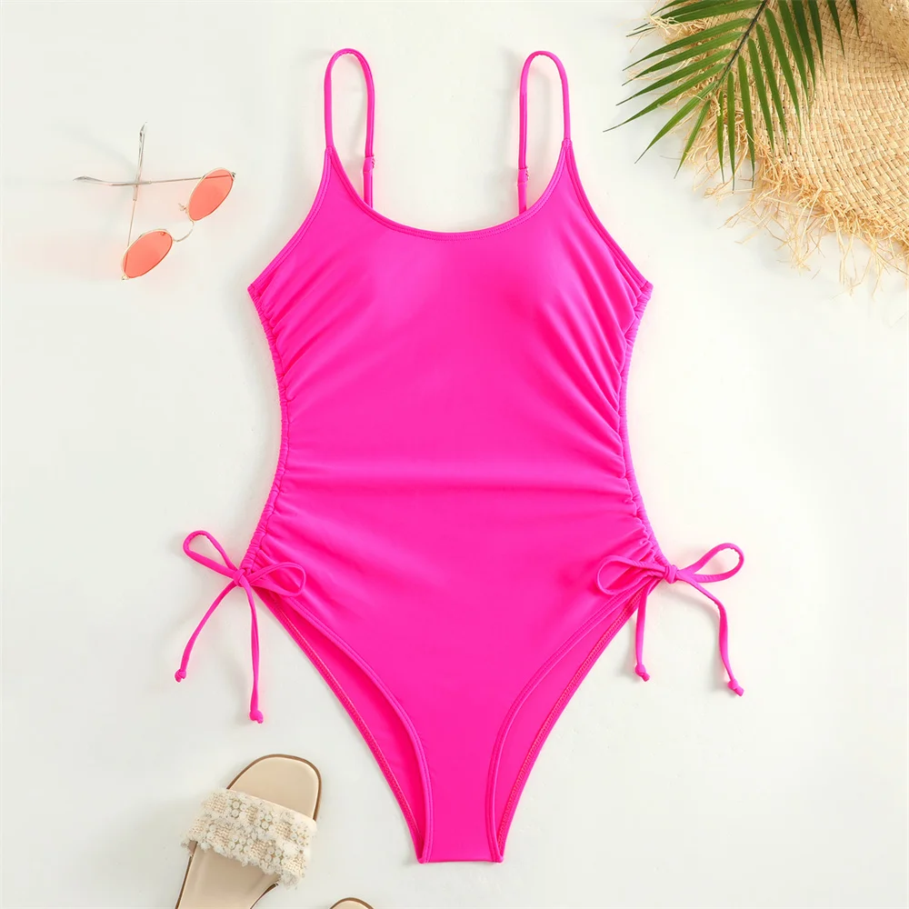 Bikini blanco con cordón plisado, traje de baño de una pieza Y2K, Monokini de tendencia, traje de baño Sexy para vacaciones, ropa de playa