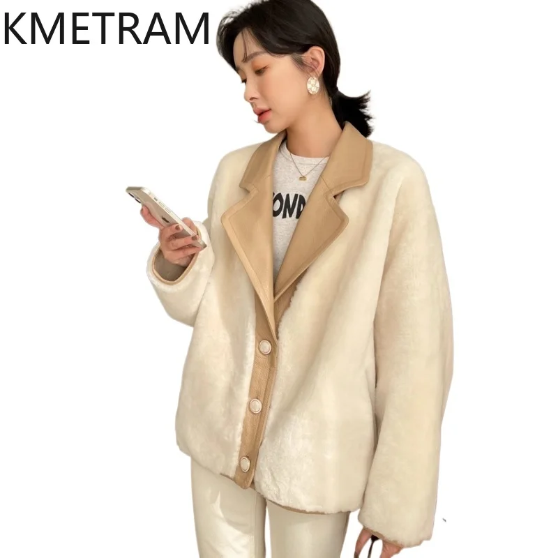 سترة من صوف ميرينو الطبيعي لعام 100% من جلد الغنم مزدوجة الوجه معطف نسائي فضفاض من الفرو الحقيقي ملابس شتوية للسيدات 2025