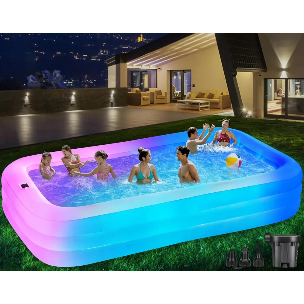 

Large Solar Inflatable Pool w/ Lights, Blow-Up Kiddie Pool w/ Air PUM,7 Color Changed Family Swimming Pools for Backyard,Outdoor