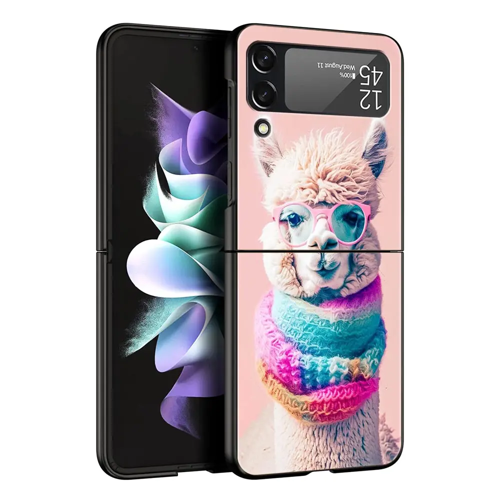 Phone Case For Samsung Galaxy Z Flip 3 4 5 Hard Black Folding PC Luxury For Samsung Z Flip3 Cover Shell Kawaii Alpaca lovely