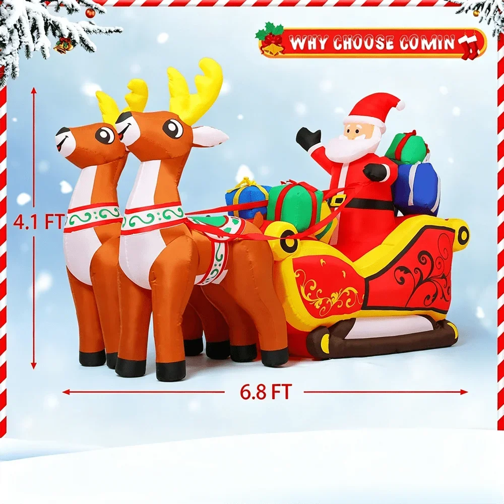 Christmas Inflatable Toy Outdoor Decor Santa Claus Sleigh with 2 Reindeer Yard Decoration with LED Lights Holiday Garden Decor