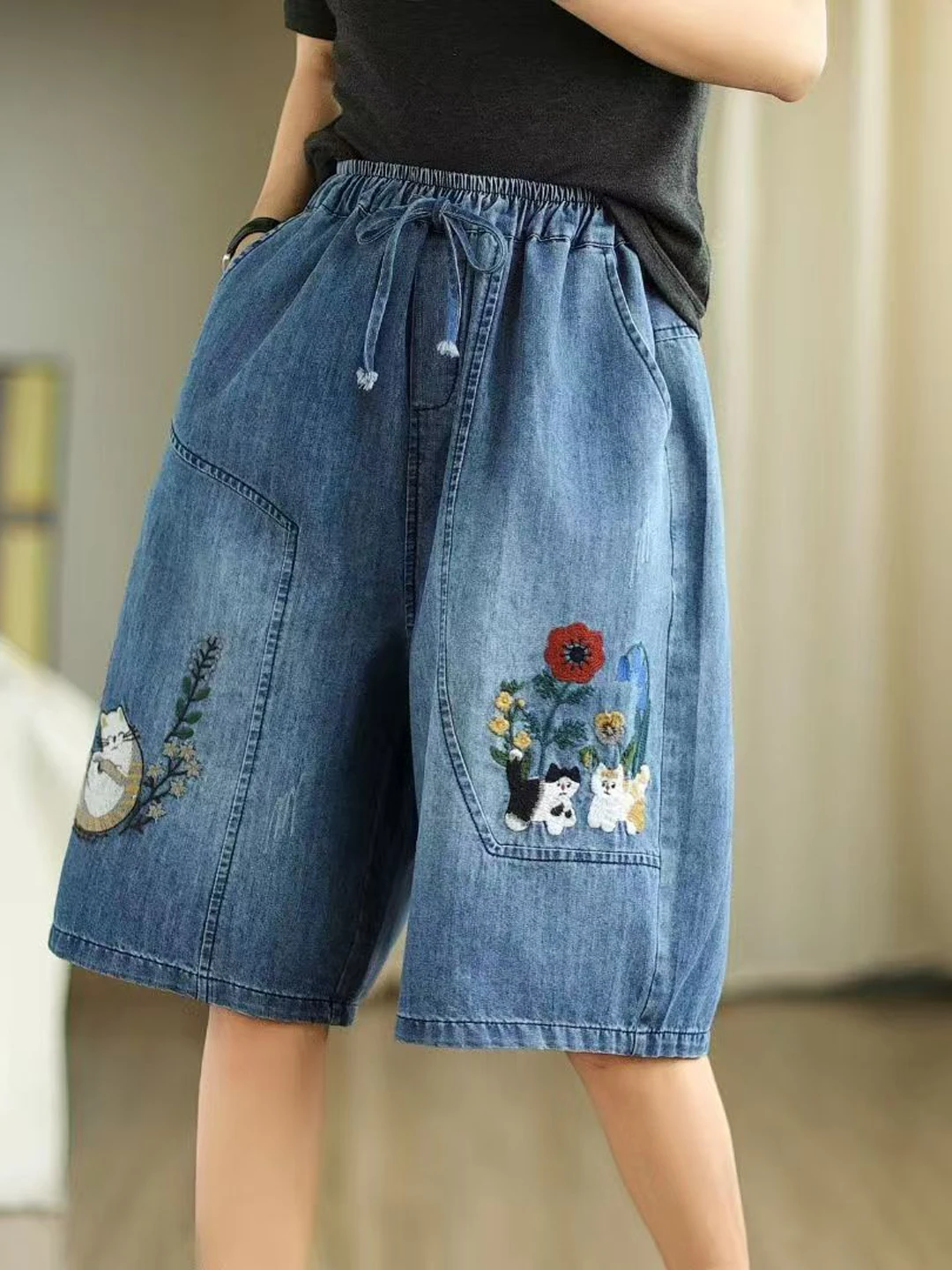 

Casual Fashion Embroidered Soft Denim Shorts Summer Wide Leg Pants Floral Print High Waist Cotton Polyester Blend Jeans