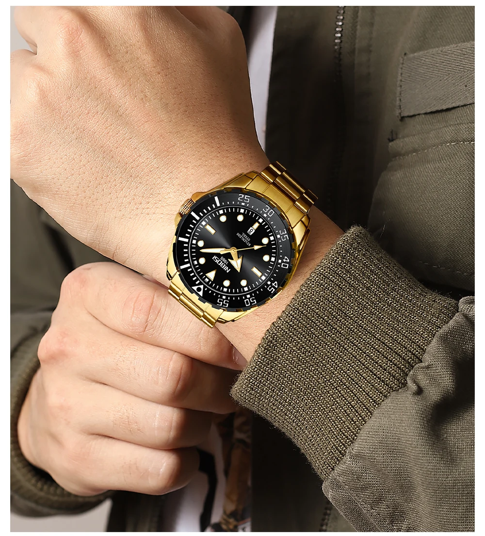 NIBOSI Mens Mechanical Watches Luxury Gold Man Wristwatch Waterproof Fashion Clock Luminous Male Week Display Calendar Watches