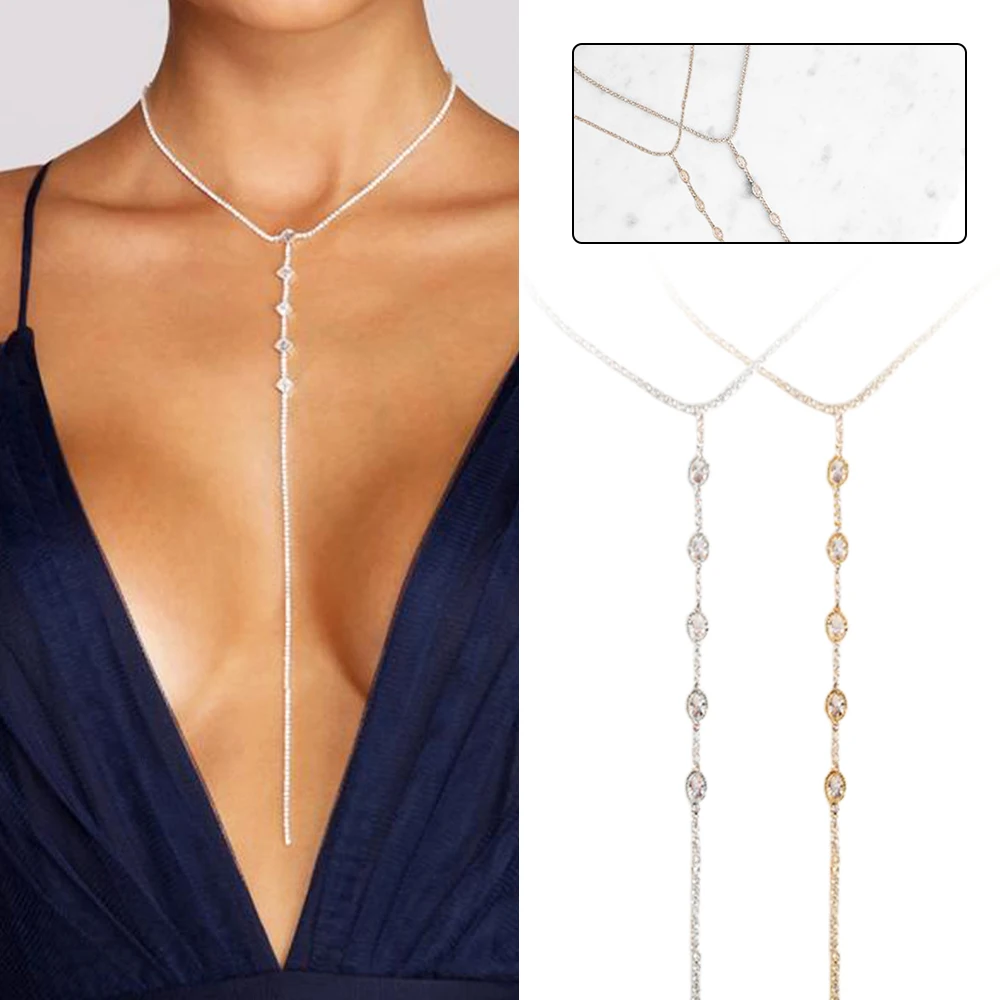 Long Necklace Rhinestone Pendant Between Chest Chain Alloy Neck Jewelry Woman's Jewelry Sexy Y Shape Bikini Body Chains Teens