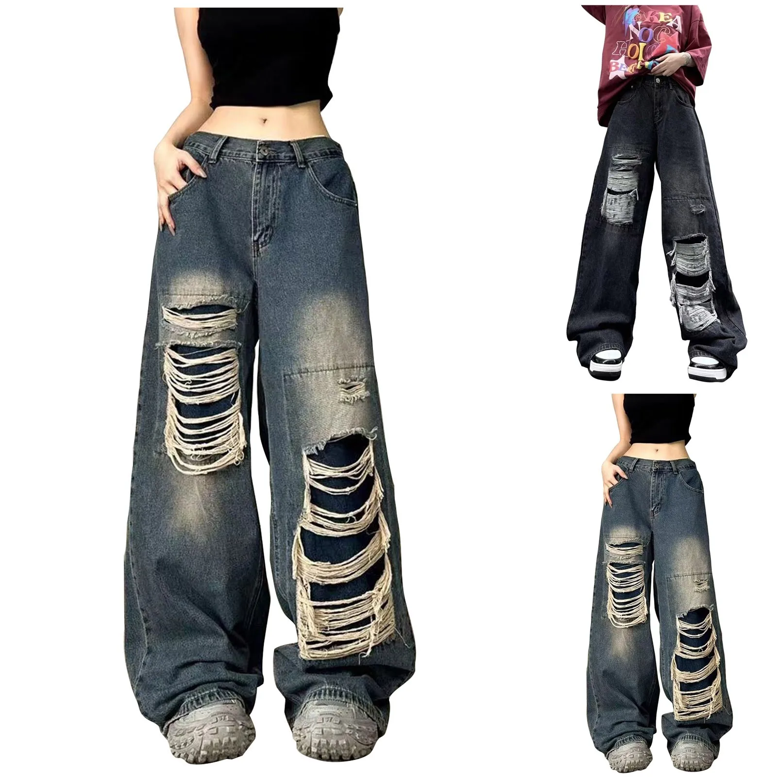 Womens Vintage Ripped Jeans Loose Straight Leg Wide-Leg Mop Denim Pants Long Cargo Pants High Waist Pantalones Skinny Casual