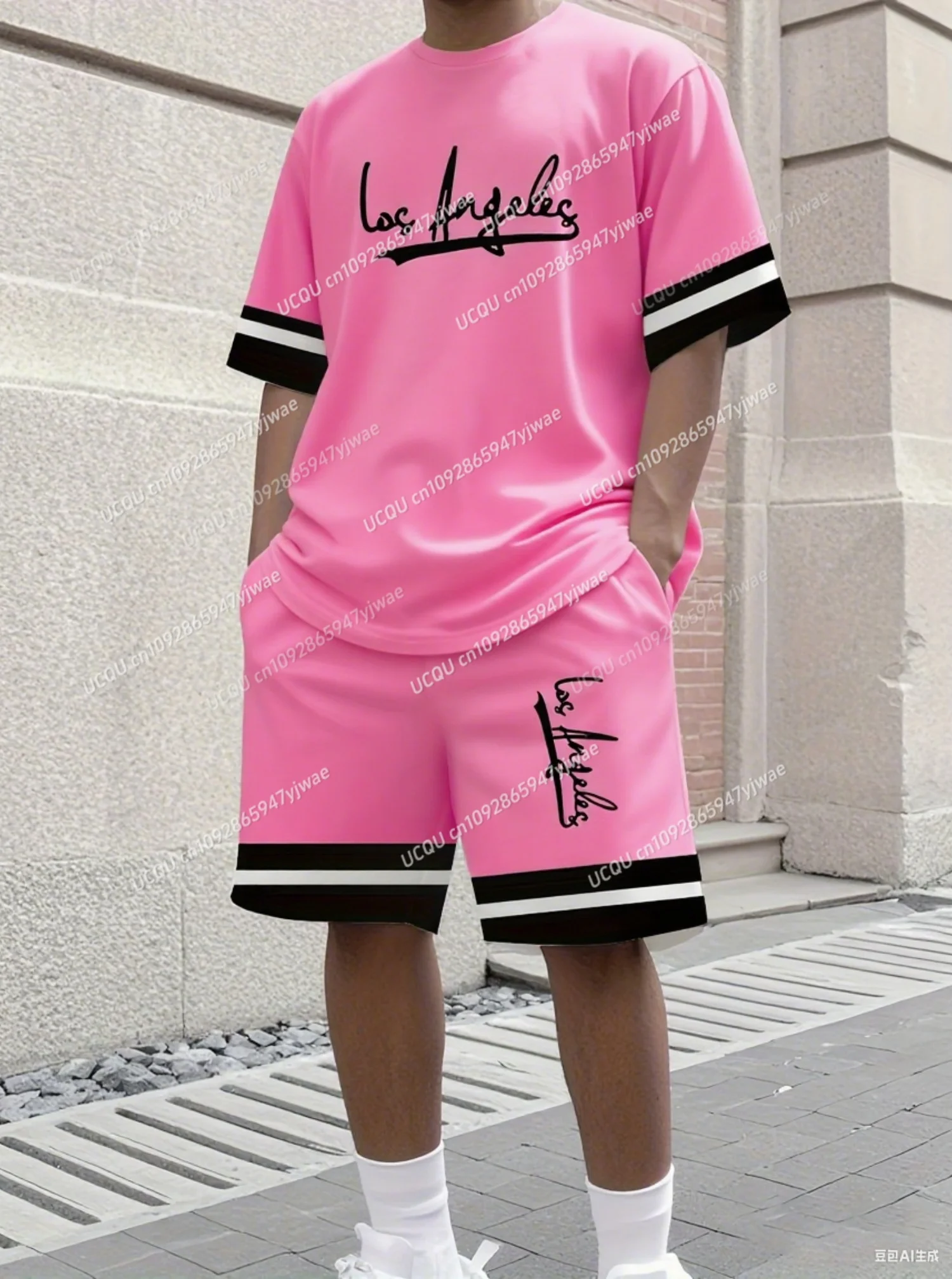 

2025 LOS ANGELES Stripe Print Men's Casual Short Sleeve T-Shirt Shorts Set Adult Basketball Jogging 2 Piece Set men Clothing