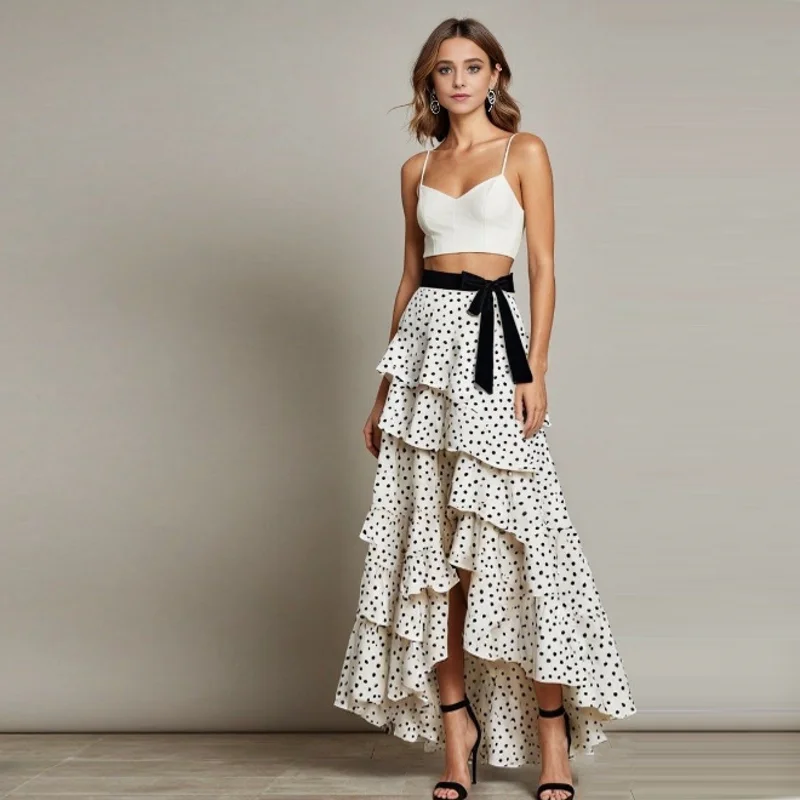 

Trendy Black Dot Maxi Skirt Tiered Asymmetrical Layered Skirt with Velvet Bow Belt Skirts Long Full Length