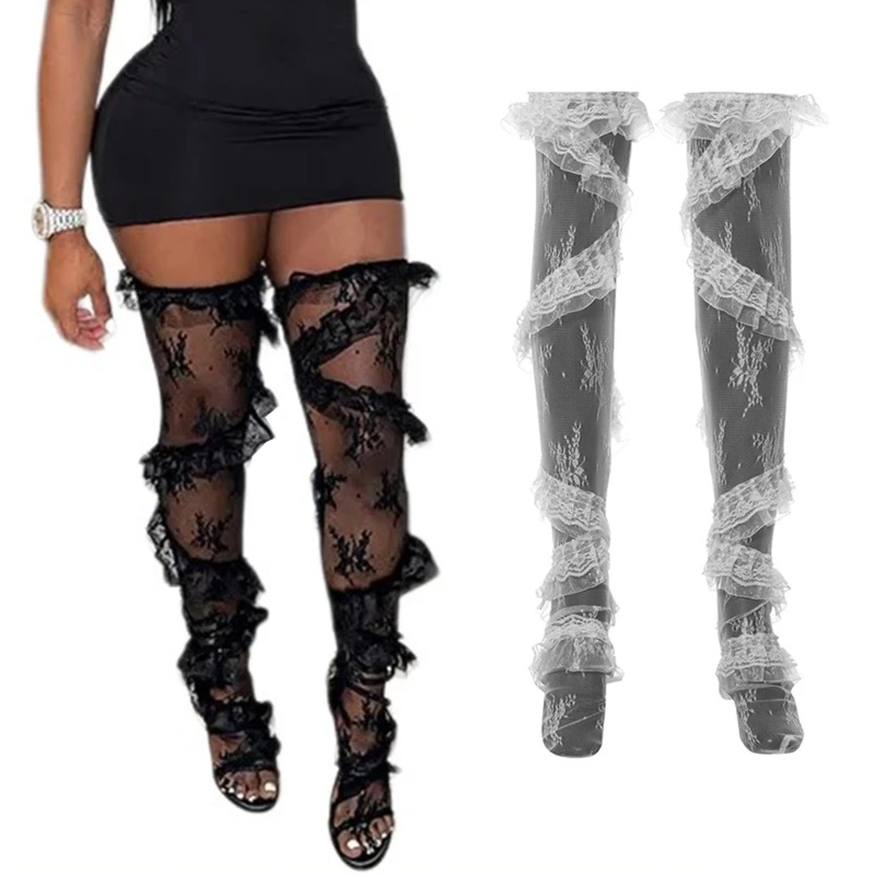 Sheer Thigh High Stockings for Women Ruffle Spliced Flower Lace Over Knee Socks