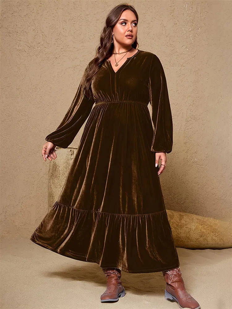 

New Middle Eastern Velvet Plus Size Evening Dresses Sexy V-Neck Long-Sleeve Dress Autumn Winter Warm Brown Elegant Long Dress