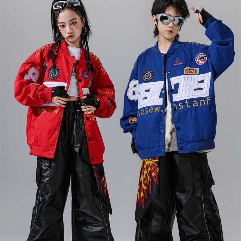 Boys Hip Hop Outfits Blue Motorcycle Jacket Cargo Pants Girls Street Dance Biker Coat Kids Jazz Clothes Sets Child Streetwear