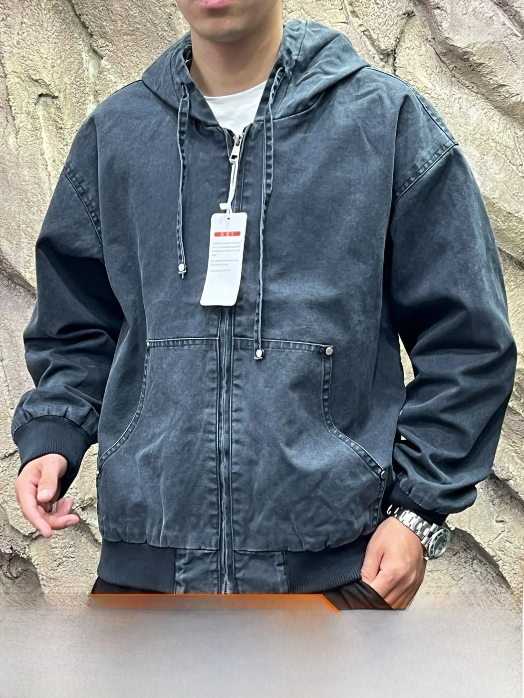 North American  Line Vintage Washed 100% Cotton Hooded Jacket Loose Fit Men's Autumn Fashionable All-Match Outerwear