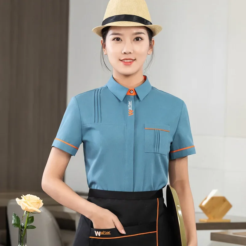 Leite loja de chá roupas de trabalho verão catering restaurante garçom uniforme mulher padeiro garçom camisa hotel comida serice garçonete uniforme