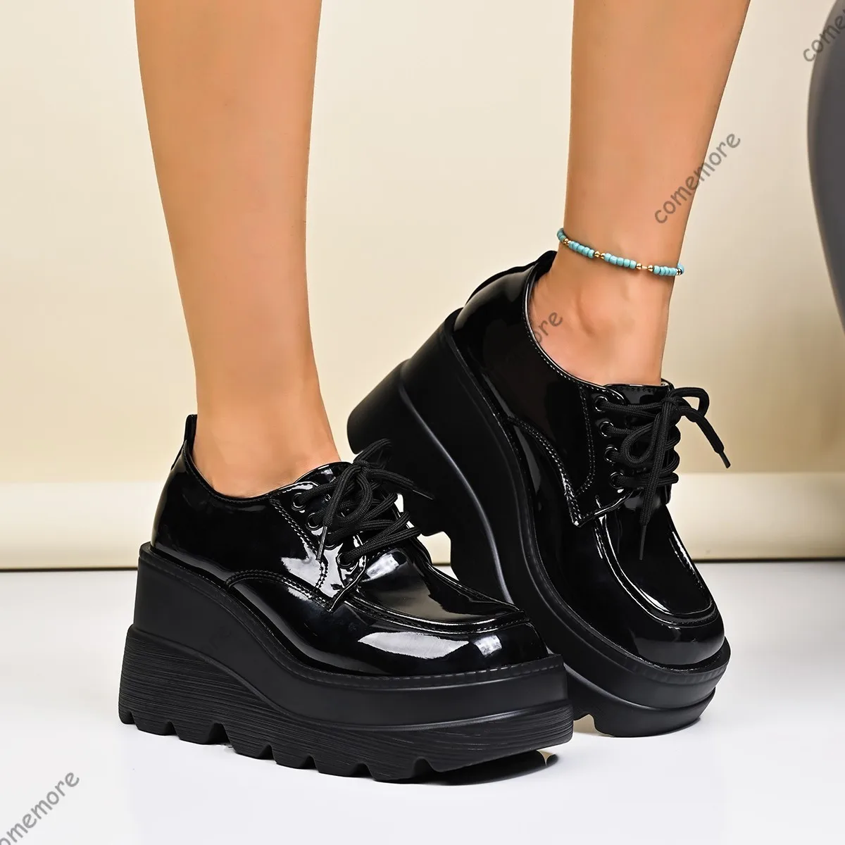 

Comemore, увеличивающая рост обувь для женщин, черные осенние кожаные кроссовки на высоком каблуке на танкетке, модные кроссовки на платформе со шнуровкой, Zapatillas