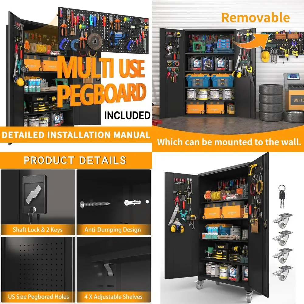 

Усиленный высокий и широкий металлический шкаф для хранения | Прочный черный запираемый шкаф на колесах с регулируемыми полками для гаража, офиса