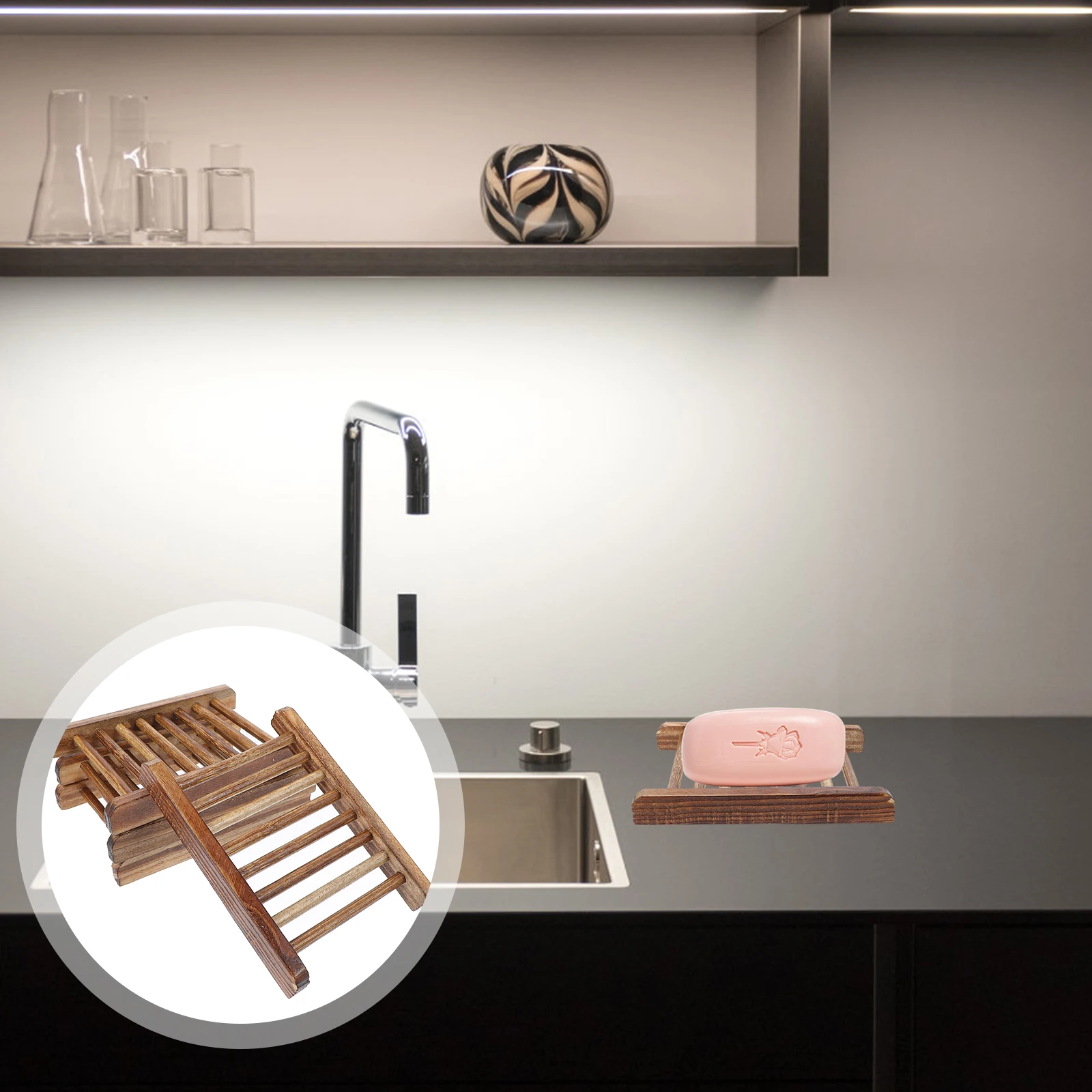 

4pcs Natural Wooden Dish Self-Draining Tray Bathroom Kitchen Shower Holder Sponge Stand Laundry Vanity Gift Rack Wood